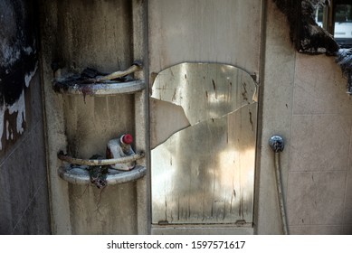 Bathroom Burnt In Fire And Broken Mirror