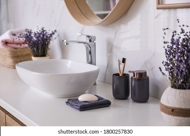 Bathroom Counter With Vessel Sink, Accessories And Flowers. Interior Design