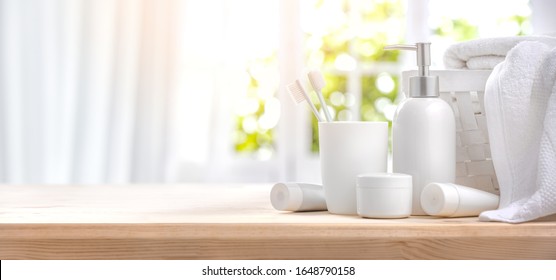 Bathroom Countertop With Shampoo, Conditioner And Towels