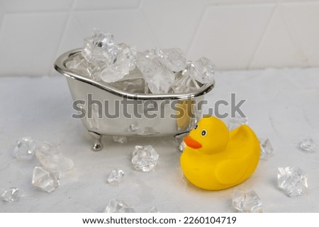 The bathroom is filled with ice and a yellow duck for bathing. the concept of Ice Plunges and Cold Therapies. hot water shutdown