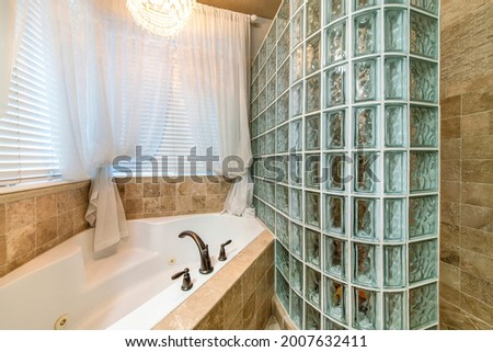 Bathroom interior with corner bathtub and stall with glass block wall