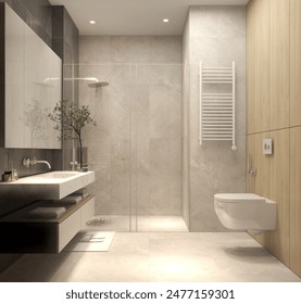 bathroom interior with rain shower and wall-hung toilet