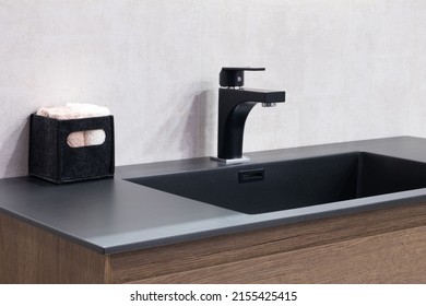 Bathroom Interior With Sink And Faucet.