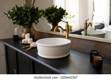 Bathroom interior sink on wooden countertop - Shutterstock ID 2206642367