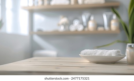 bathroom interior with stand for displaying cosmetics or product