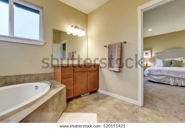 Bathroom Interior Vanity Cabinet Bathtub Corner Stock Photo