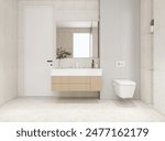 bathroom interior with wall-hung toilet and square mirror in white