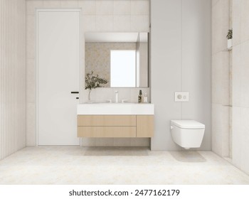 bathroom interior with wall-hung toilet and square mirror in white