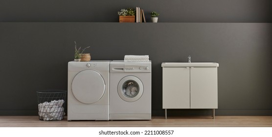Bathroom, laundry, washing and dry machine, sink cabinet, mirror and object, grey wall background. - Shutterstock ID 2211008557