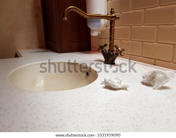 Bathroom Marble Countertop Washbasin Copper Retro Stock Photo