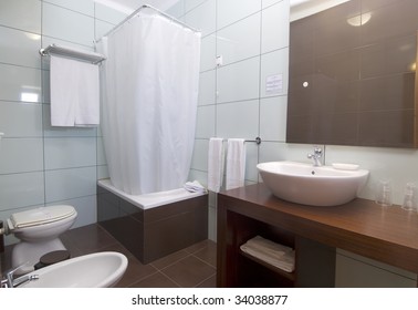 Bathroom with Mirror and pan cold colours - Shutterstock ID 34038877
