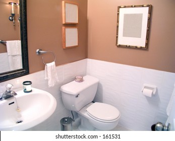 Bathroom with mirror,white porcelain fixtures, lower white-tile and upper pastel earth-tone walls.