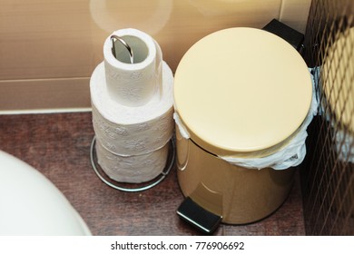 Bathroom objects. Small white trash can standing next to toilet paper container