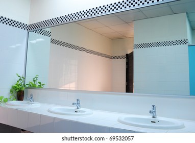 Bathroom At Office.Handbasin And Mirror In Toilet