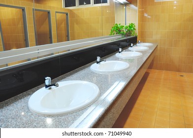 Bathroom At Office.Handbasin And Mirror In Toilet