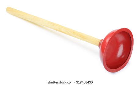Bathroom plunger with red rubber cup and wood handle isolated on white background