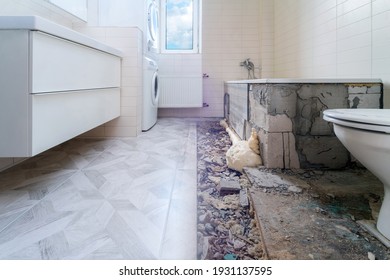 Bathroom renovation before and after. Laying new stone tiles in modern math room. Comparison view of floor reconstruction