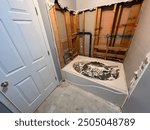 Bathroom renovation with exposed studs, plumbing, and a bathtub filled with debris, showing a demolition in progress