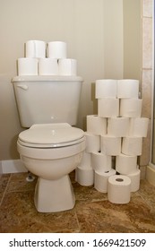 Bathroom stocked with stacks of toilet paper for coronavirus preparedness