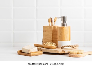 Bathroom styling and organization. Organic lifestyle and skin care products. Modern design of bathroom sustainable, refillable, reusable accessories in bamboo - Shutterstock ID 2100257506