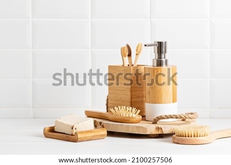 Bathroom styling and organization. Organic lifestyle and skin care products. Modern design of bathroom sustainable, refillable, reusable accessories in bamboo
