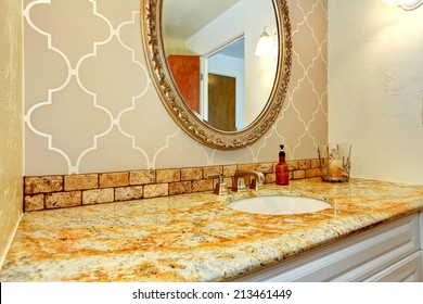 Bathroom Vanity Cabinet With Granite Top And Mirror In Luxury Bathroom