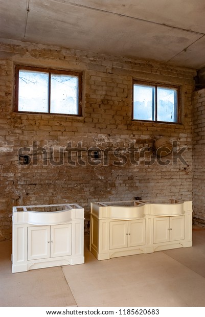 Bathroom Vanity Cabinet Two Washbasins Against Stock Photo Edit