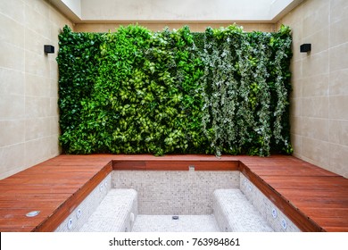 bathroom with wall of plants interior