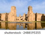 The Baths of Caracalla (Terme di Caracalla) in Rome, Italy. The baths as viewed from the south-west. The caldarium would have been in the front of the image