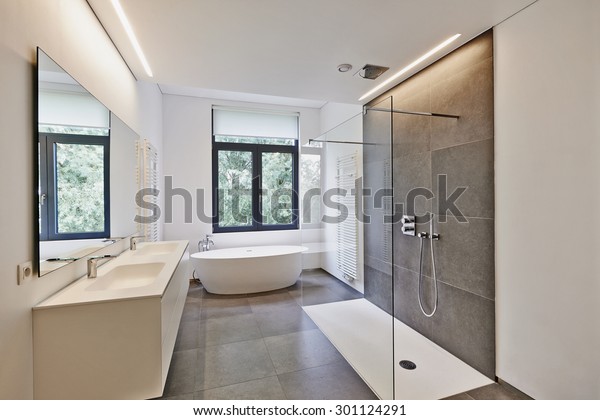 Bathtub Corian Faucet Shower Tiled Bathroom Stock Photo Edit Now