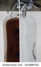 A Bathtub Filled With Dirty Water Due To A Clogged Sewer Pipe Before And After Cleaning The Drain, Close-up