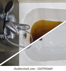 A Bathtub Filled With Dirty Water Due To A Clogged Sewer Pipe Before And After Cleaning The Drain, Close-up