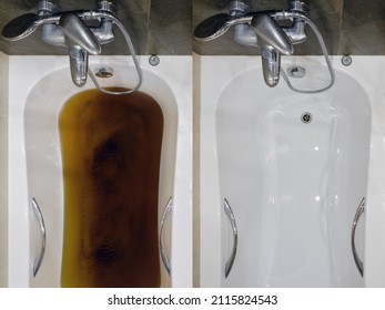 A Bathtub Filled With Dirty Water Due To A Clogged Sewer Pipe Before And After Cleaning The Drain, Close-up