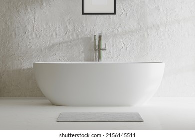 Bathtub, in front of white wall, deep hollow white tub, freestanding jacuzzi, window, bright bathroom.