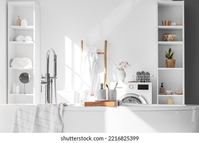 Bathtub Tray With Accessories In Modern Bathroom