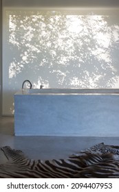 Bathtub And Zebra Print Rug In Modern Bathroom