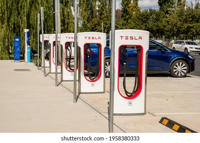 Bathurst, Australia - 2021-04-07 Tesla Electric Car Vehicle Charger Station. Environment Friendly Innovative Feature.