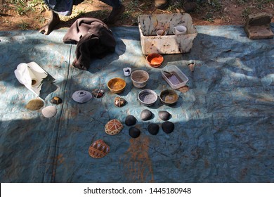 Bathurst Island, Northern Territory, Australia, June 6, 2019. Shells And Painting Utensils Laid Out In Readiness For A Tiwi Islands Art Demonstration