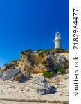 Bathurst Lighthouse on Rottnest Island just offshore from the city of Perth, in Western Australia. The historic lighthouse was built in 1900 due to a series of shipping disasters in the area.