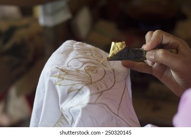 Batik Painting On White Cloth , Indonesia
