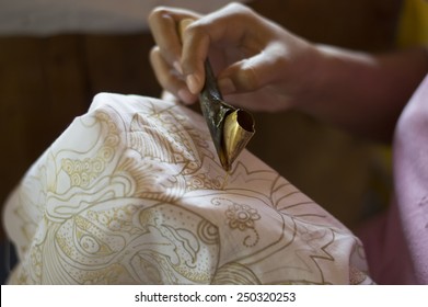 Batik Painting On White Cloth , Indonesia