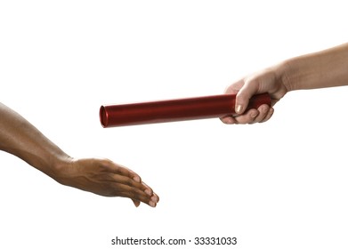 Baton is handed from racer to racer. Isolated.