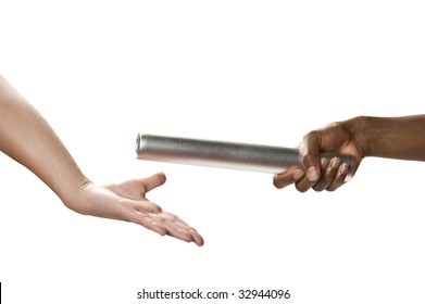 Baton handoff from racer to racer. Isolated on white.