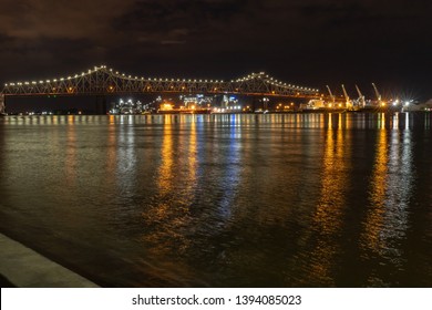 Baton Rouge, LA/USA, May 4, 2019:  Mississippi River Bridge at night in Baton Rouge, Louisiana