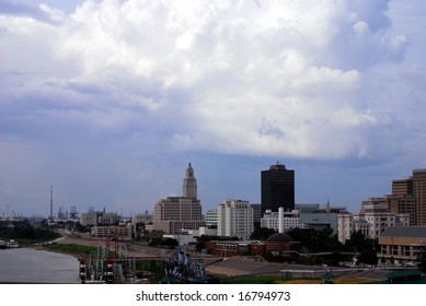 BATON ROUGE, LOUISIANA - AUG 31: Storm clouds of hurricane Gustav move over the Baton Rouge skyline and Mississippi riverfront on August 31, 2008 in Baton Rouge, Louisiana.