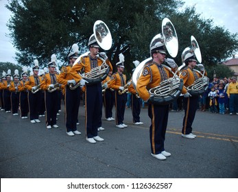 Baton Rouge, Louisiana, USA - 2017: The Louisiana State University Band Performs While Marching At The University Campus Before A Football Game.