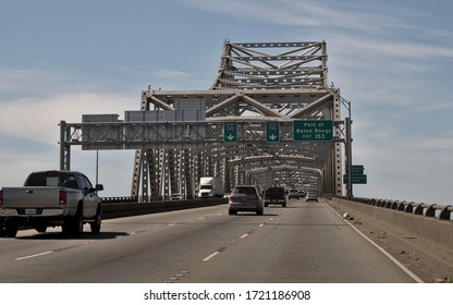 Baton Rouge, Louisiana, USA - 2020: The view at the Horace Wilkinson Bridge, a cantilever bridge carrying Interstate 10 in Louisiana across the Mississippi River from Baton Rouge to Port Allen. 