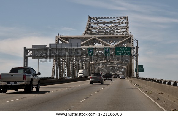 Baton Rouge, Louisiana, USA - 2020: The view at the\
Horace Wilkinson Bridge, a cantilever bridge carrying Interstate 10\
in Louisiana across the Mississippi River from Baton Rouge to Port\
Allen. 