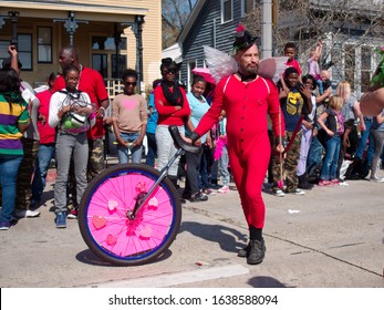 Baton Rouge, Louisiana, USA -  February 2019: People Celebrate During An Annual Mardi Gras Parade In The Spanish Town District.