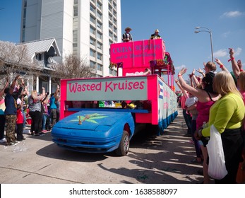 Baton Rouge, Louisiana, USA -  February 2019: People Celebrate During An Annual Mardi Gras Parade In The Spanish Town District.